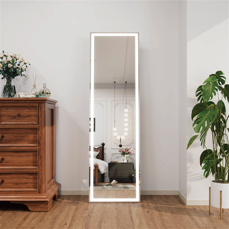  LED Lighted Full Length Mirror With Metal Stand, Contemporary Floor Mirror With Tempered Glass, 67" x 20"