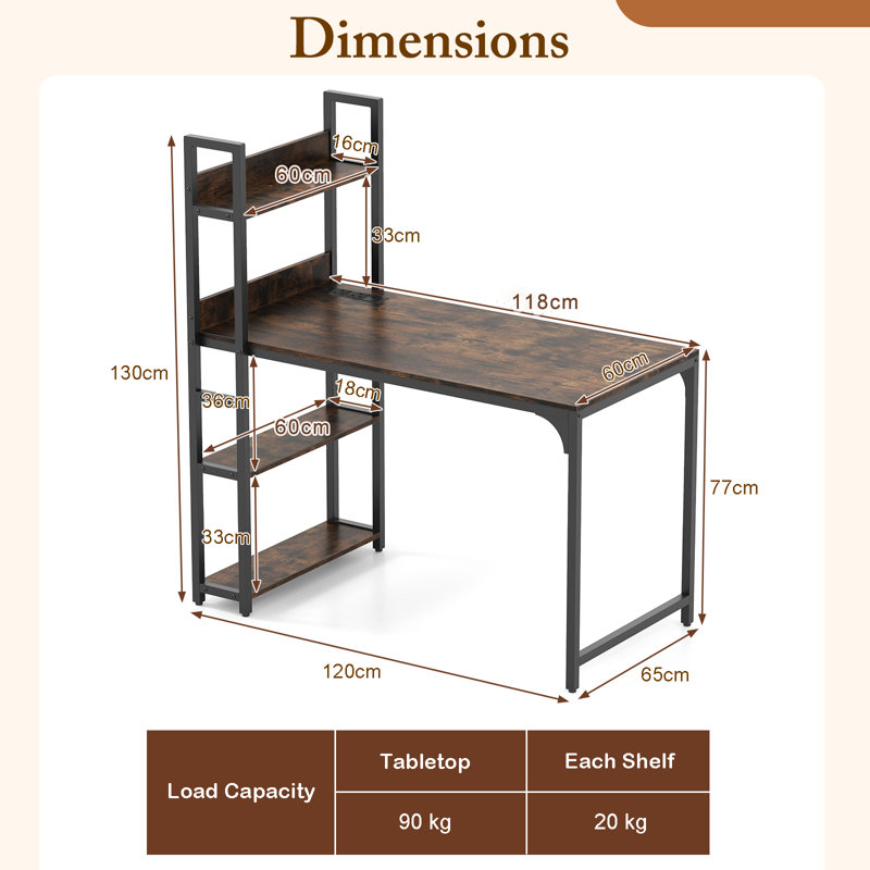 Computer Desk 120 CM Study Writing Desk With Charging Station, Brown
