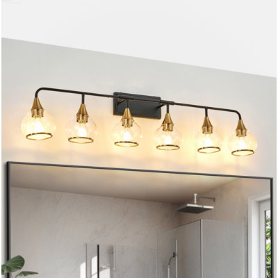 6-Light Mid-Century Modern Vanity Lights with Elegant Clear Glass Globes Matte Black and Gold