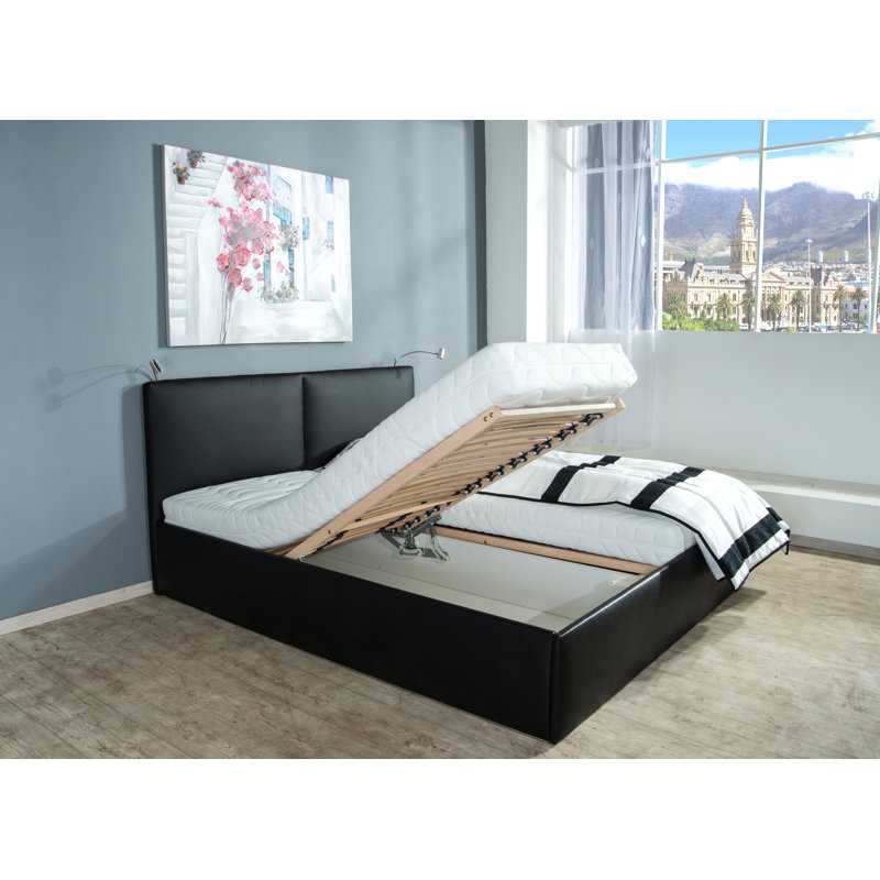 Driggers Upholstered Faux Leather Lift Up Storage Ottoman Bed with Mattress, Black, 7-Zone Cold Foam Mattress, 100 x 200 cm
