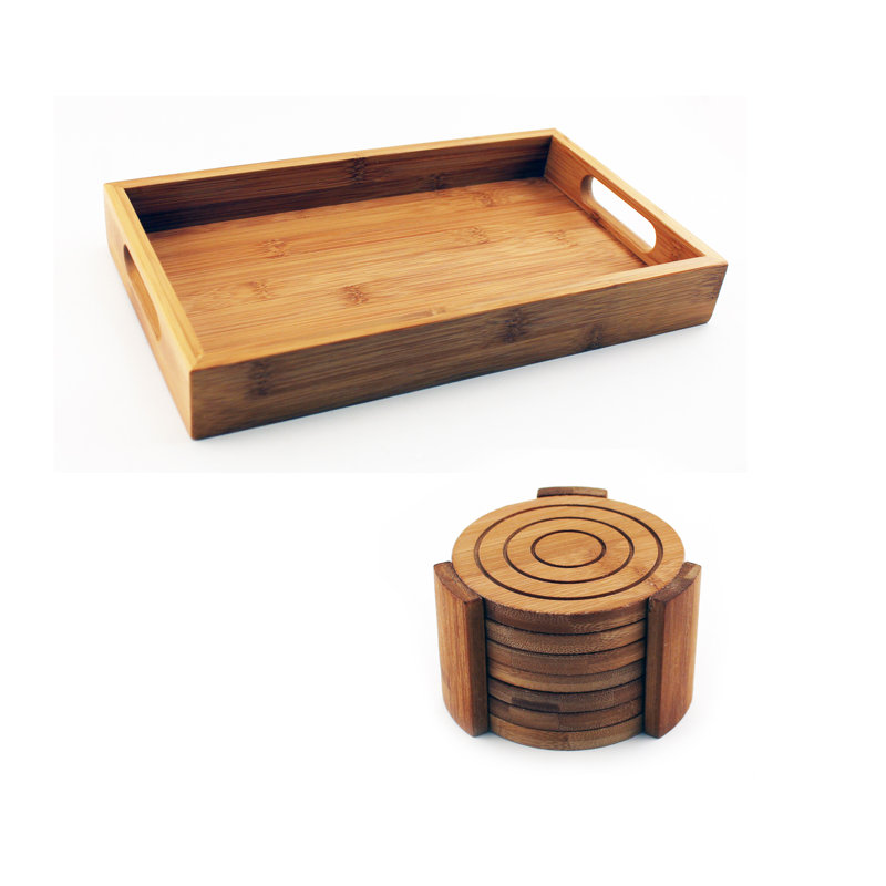 Natural Bamboo 8-Piece Coaster and Tray Set