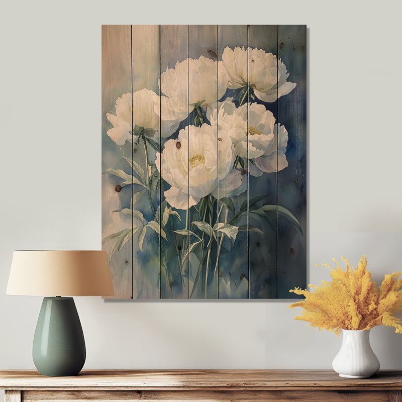 Aqua Peonies And Geometric Shadows I - Peonies Wood Wall Art - On Natural Pine Wood, 20" H x 10" W x 0.78" D