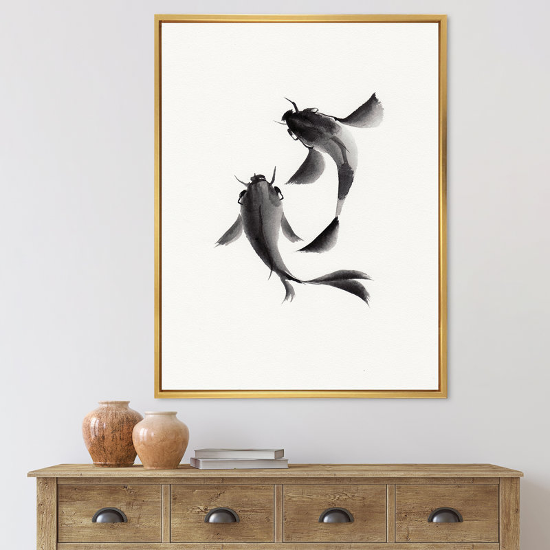 " Monochrome Vintage Fish II " Painting Print, 20" H x 12" W x 1" D, Gold Framed Canvas