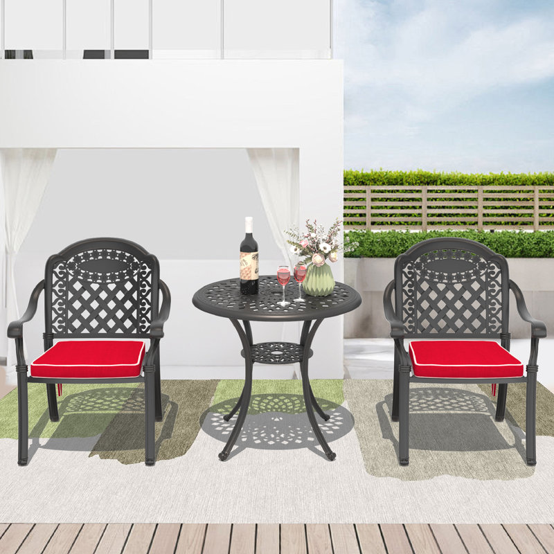 Ensemble de salle à manger d'extérieur rond de 78 cm (30,71 po) avec trou pour parasol, 2 chaises empilables, coussins rouges, ensemble 3 pièces