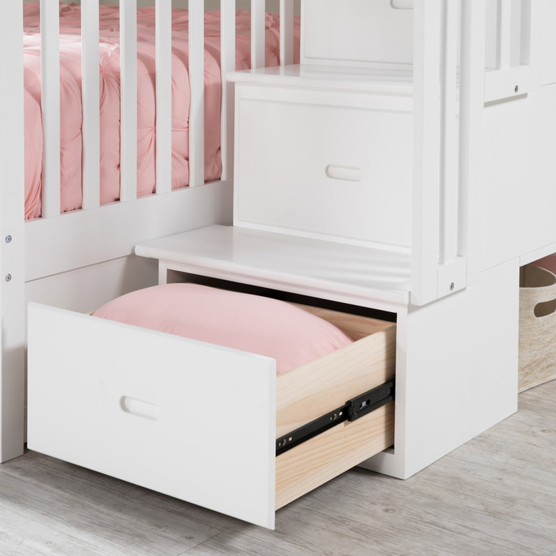Lit superposé avec escalier de rangement Flinn, Simple sur simple, Blanc