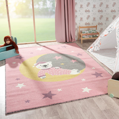 Camelot Pink Teddy Bear On The Moon Kids Rug