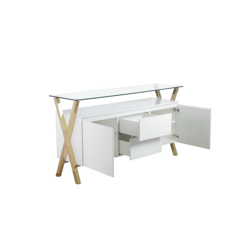     Pangea Home Beverly Modern Buffet Sideboard – Contemporary 2-Door, 2-Drawer Storage Cabinet with White High Gloss Lacquer and Gold Legs – Dining Room, Living Room, or Entryway Credenza