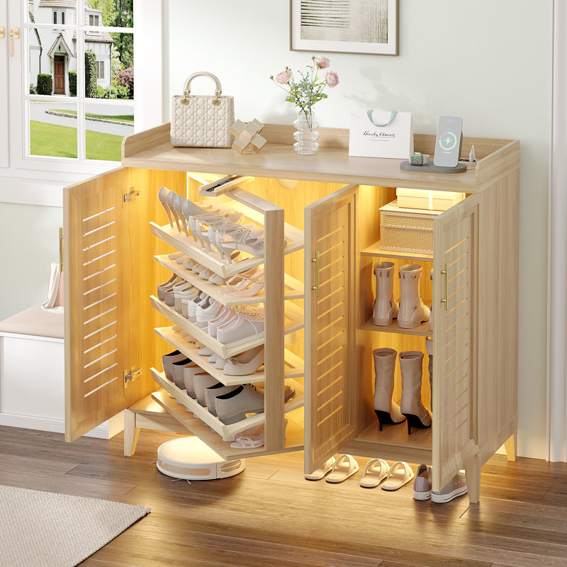 47.3" W 5-Tier Shoe Cabinet With 360°Rotating Shoe Rack And Human Sensor Light, Freestanding Shoe Storage Cabinet With Adjustable Shelves