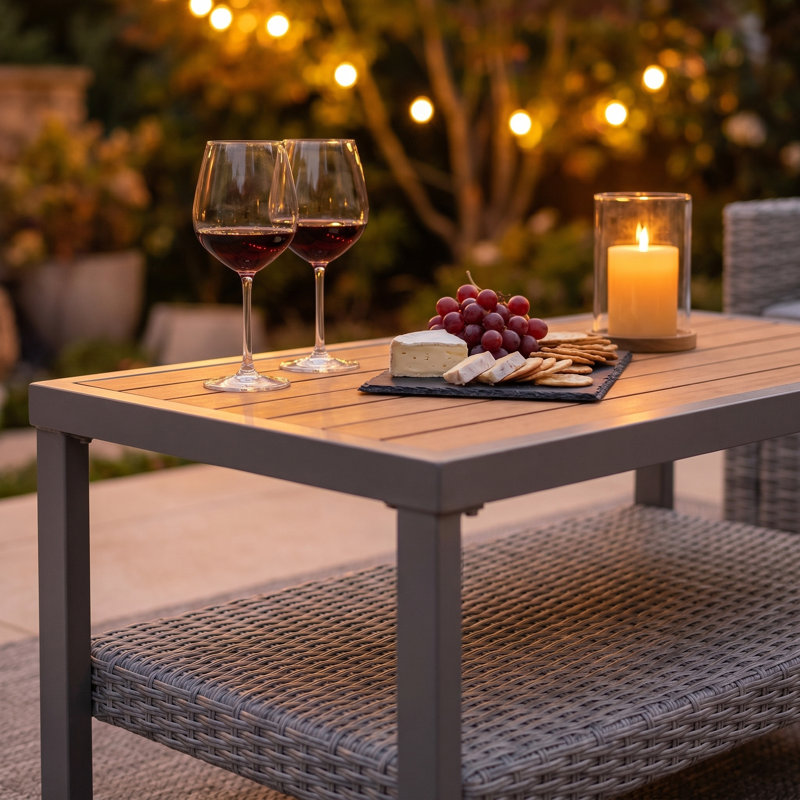Coffee Table - Outdoor Coffee Table With Storage, Steel Frame Patio Side Table, Boho Modern Design For Garden, Backyard, Balcony, Bone Color