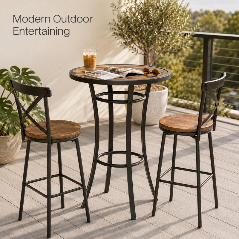 1-Piece 2-Person Round Bar Height Table, Powder-Coated Steel Frame with Brown Wood-Grain Top, Black & Brown 40-Inch Bistro Pub Table for Patio, Balcony, Home Bar & Breakfast Nook
