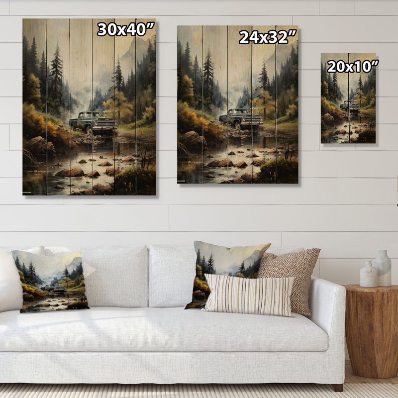 Camionnette verte «Misty Mountains I» sur bois, H 20 po x l 10 po x P 0,78 po