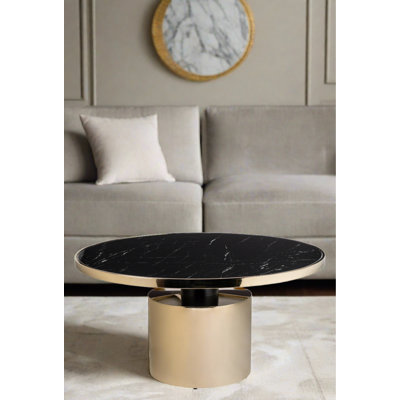 Caldria Taylor 35.5-Inch Round Coffee Table with Black Marble-Printed Glass Top and Gold Stainless Steel Frame