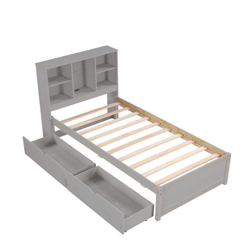 Base de lit plateforme avec port USB, tête de lit bibliothèque et 2 tiroirs pour la chambre à coucher, Gris