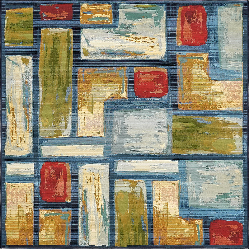 Tapis intérieur / extérieur bleu à motif géométrique Merrimac, Carré 6 pi 1 po