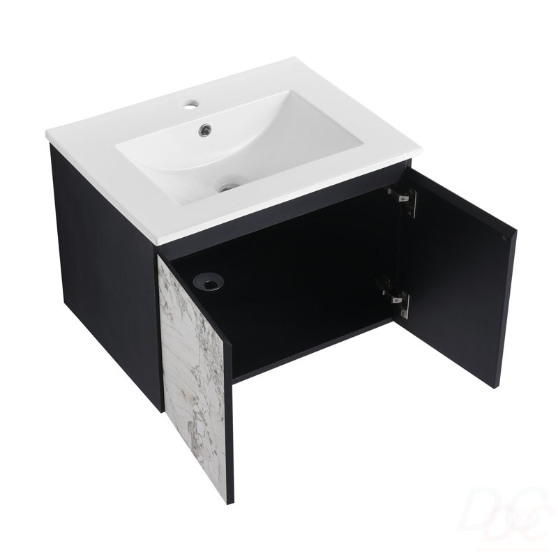Meuble-lavabo mural 24 po avec lavabo en céramique et porte d'armoire à fermeture en douceur, ensemble KD
