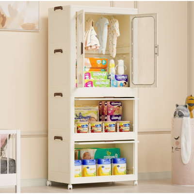 Portable Baby Wardrobe with Magnetic Doors - 4 Cubes, Hanging Rod & 10 Hangers Included, Multi-Functional Clothes Storage Organizer for Nursery/Bedroom