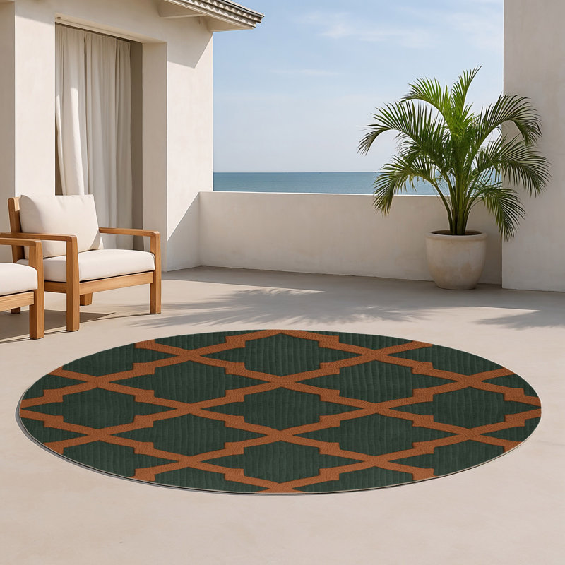 Trellis Green Indoor and Outdoor Area Rug, Round 5'