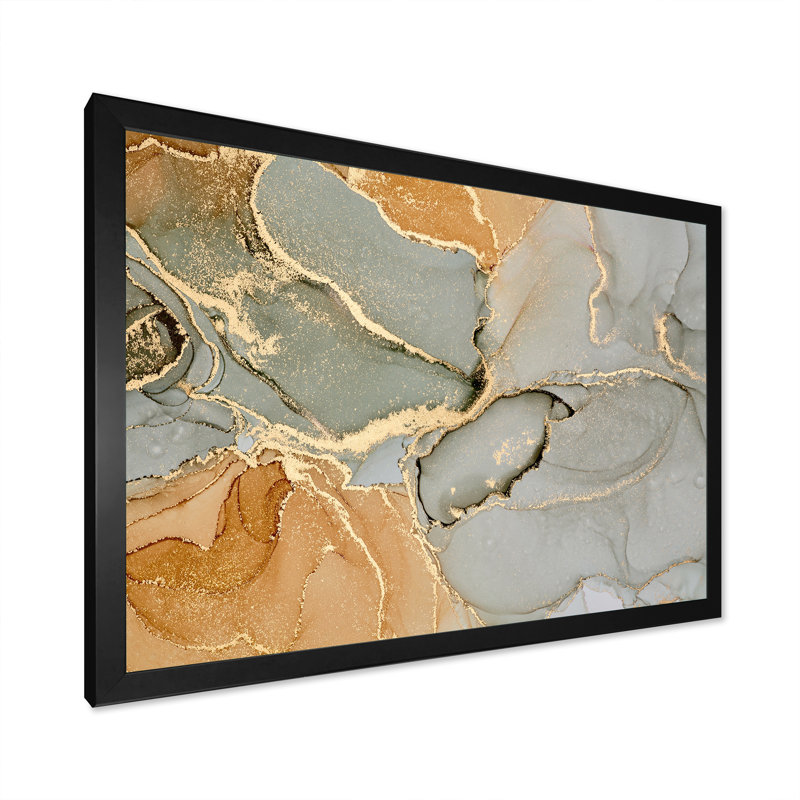 «Brown Luxury Abstract Fluid Art VI», peinture sur toile, H 12 po x l 20 po x P 1 po, Cadre photo noir