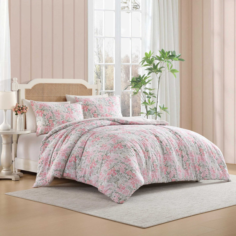 Laura Ashley Heather Garden Cotton Reversible Pink Comforter Set, Twin Comforter + 1 Standard Sham