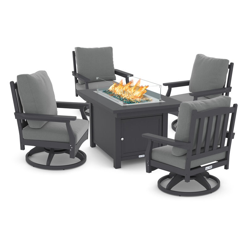 Cortina 25"(H) x 45"(W) Rectangle Fire Pit Table with Aspen Rock-Swivel Chair, (5-Piece), Gray/Gray, Gray