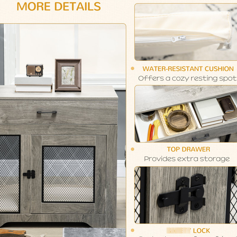 Small Dog Crate With Pillow Cushion And Convenient Drawer, Grey End Table Cushioned Bottom