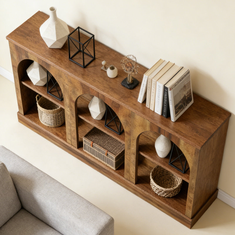 Vintage Arched Entryway Console Table with 3 Open Shelves, Farmhouse Style Storage Cabinet for Foyer, Hallway, or Living Room