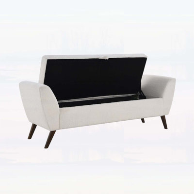 60'' Modern Storage Bench with Mid-Century Wood Legs, Comfort Padded for Living Room & Bedroom, Teddy Cream