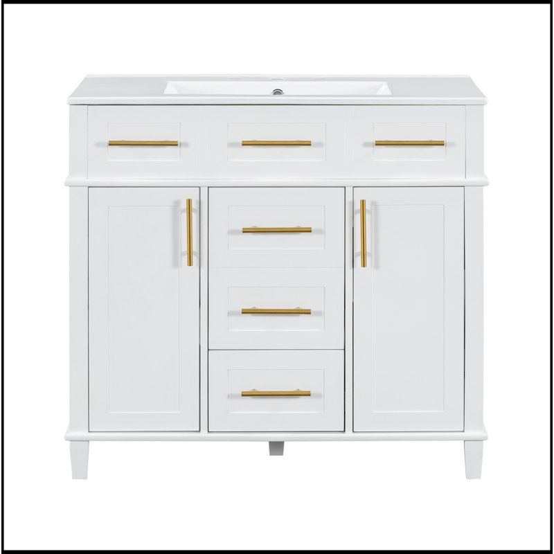 Meuble-lavabo blanc 36 po avec rangement polyvalent - 4 tiroirs à fermeture douce, 1 tablette réglable, 2 portes à fermeture douce
