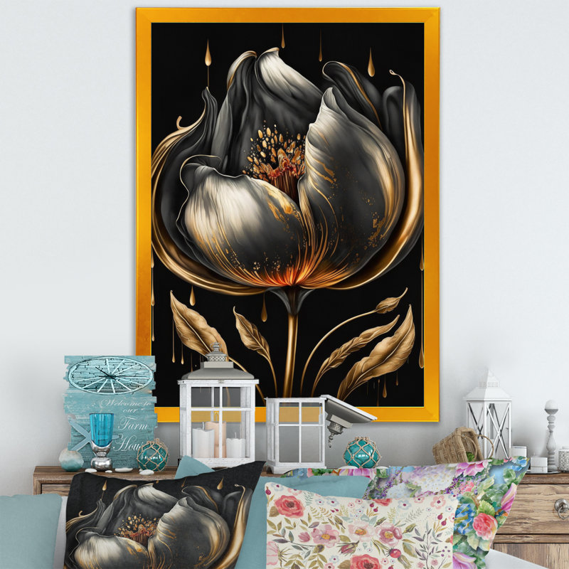 Tulipe noire et dorée - art mural encadré, H 20 po x l 12 po x P 1 po, Cadre doré