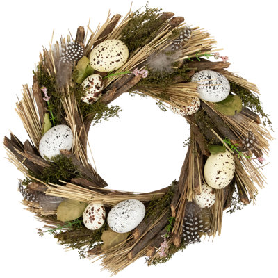 Speckled Eggs And Feathers Artificial Easter Wreath - 14"
