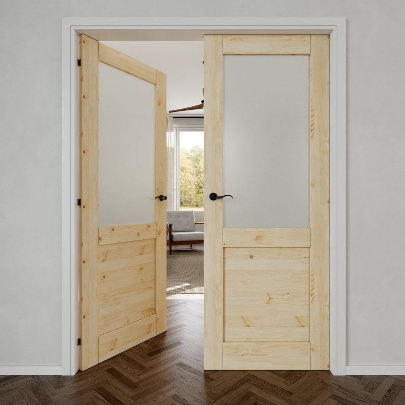 Porte intérieure en bois de pin et verre givré demi-Lite intérieur, portes françaises doubles en pin massif naturel Colonial, verre trempé certifié SGCC, cadre blanc et quincaillerie noir mat - levier de porte d'intimité avec serrure, loquet et charnières, non fini et à peindre, 64 po x 80 po