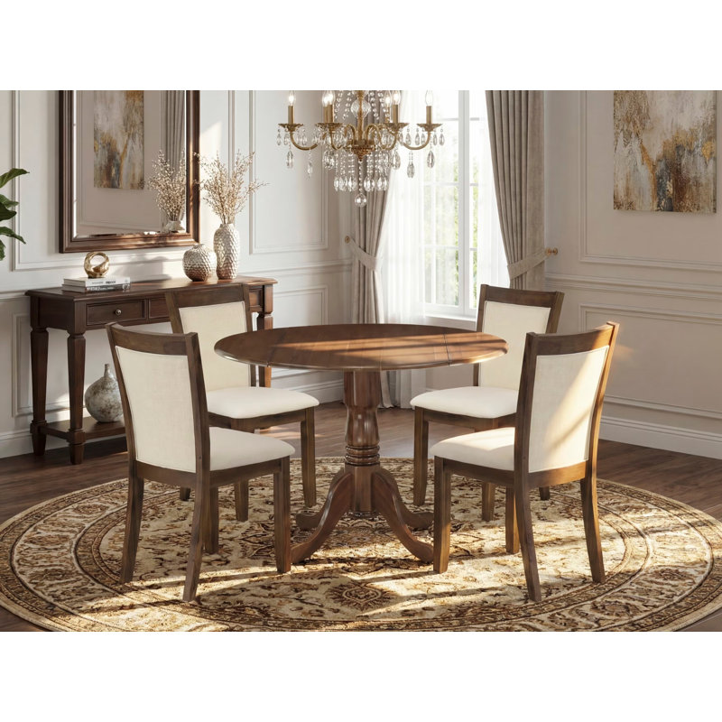 5 Piece Dining Room Furniture Set Includes a Round Kitchen Table with Dropleaf and 4 Parson Chairs, 42x42 Inch, Antique Walnut