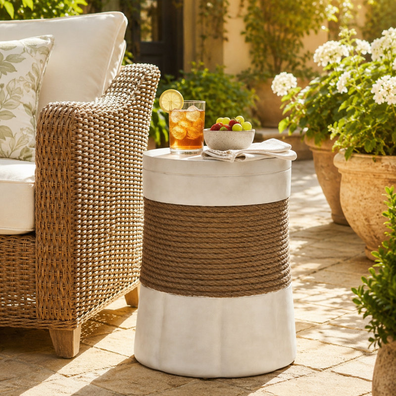 Table d'appoint brune texturée en corde avec plateau gris clair et base décorative sculptée