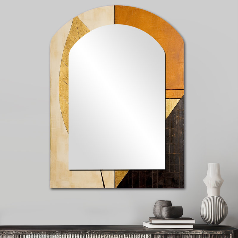 Golden Geometry Leaves Foliage III - Leaves Asymmetrical Mirror, Gold Arch Decorative Wall Mirror, Printed Metal Art