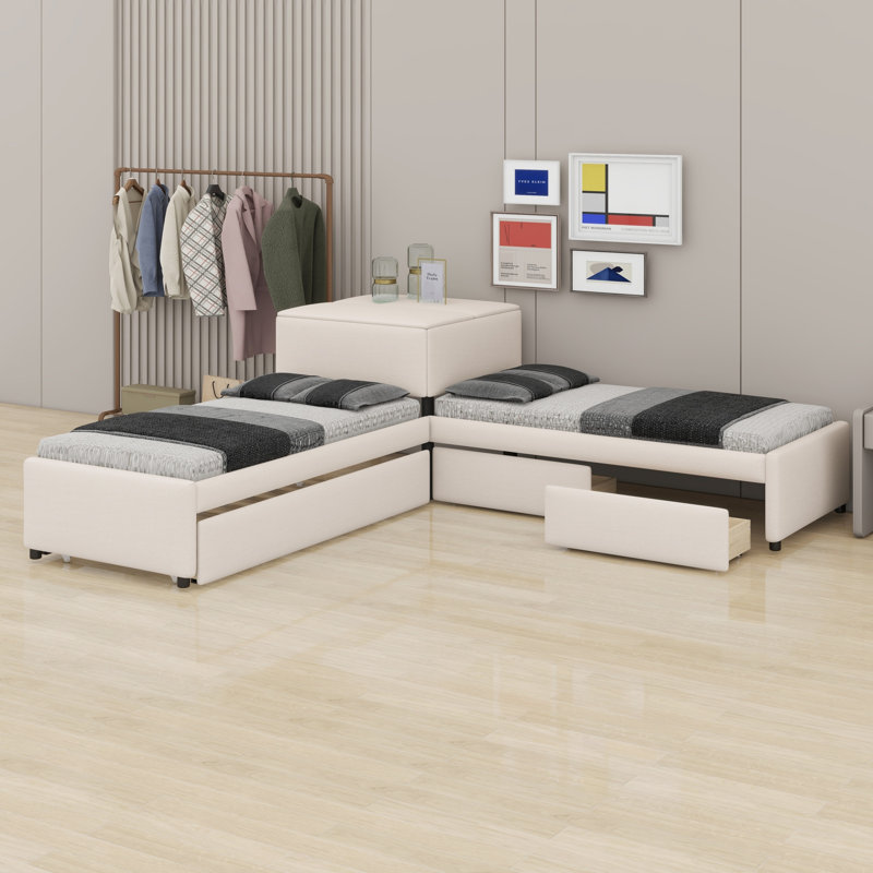 Lit tapissier contemporain en L avec bureau lié, lit gigogne escamotable et tiroirs de rangement