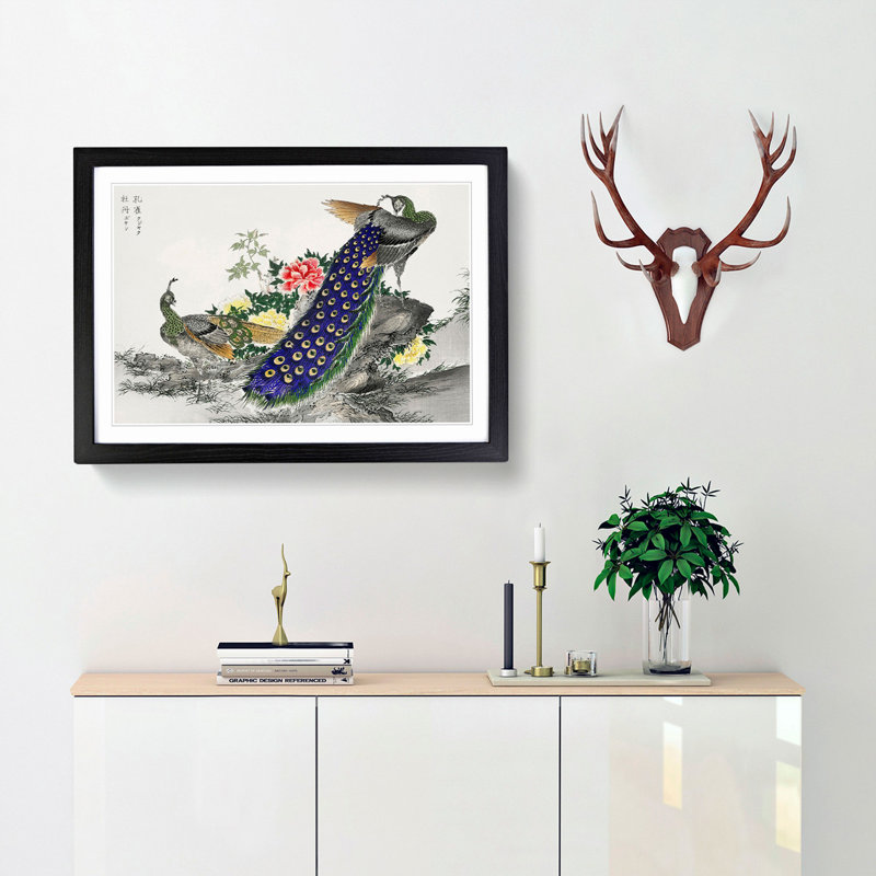 Peacocks & Peony Flower by Numata Kashu - Picture Frame Painting Print, Black Framed, 36cm H x 48cm W x 2cm D