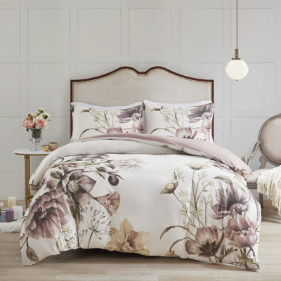 Housse de couette style shabby chic, format king/king - Coton imprimé, grand motif floral, ambiance douce et chaleureuse, fermeture à boutons, attaches aux coins, imprimé avec de grands motifs floraux