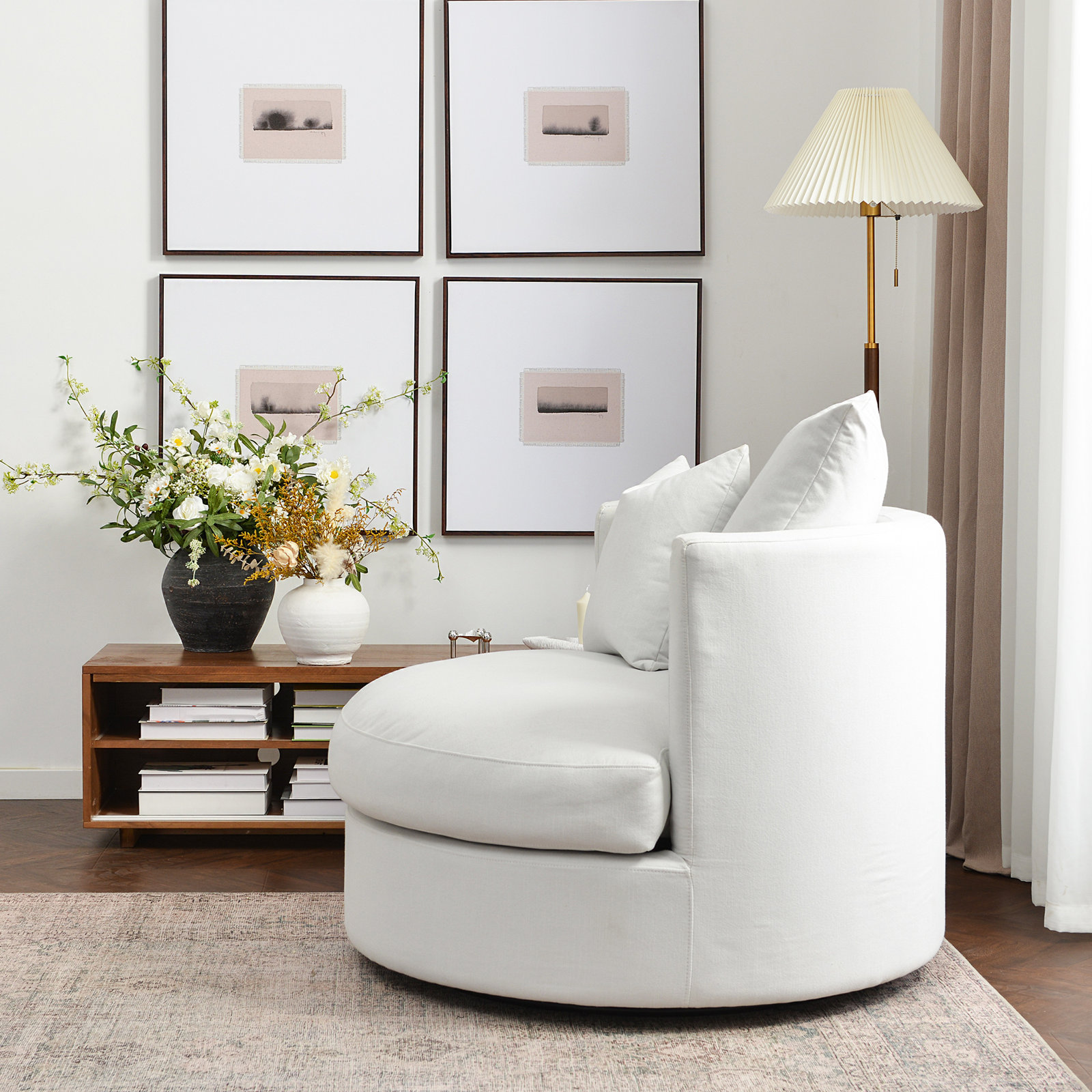 Down Filled Swivel Barrel Chair, Cream Performance Fabric