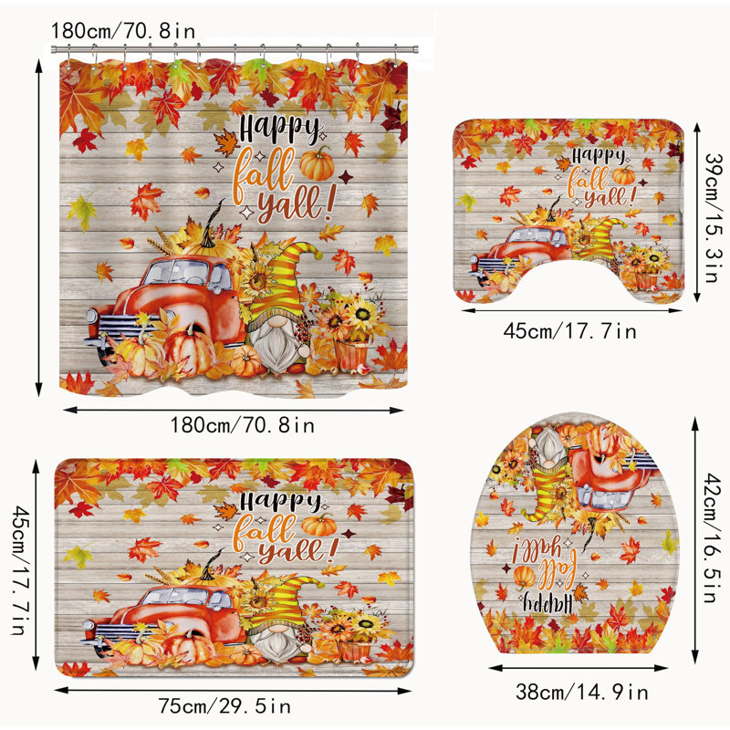 Ensemble de rideau de douche 4 pièces 4 pièces Gnome Pumpkin Autumn Maple Leaves