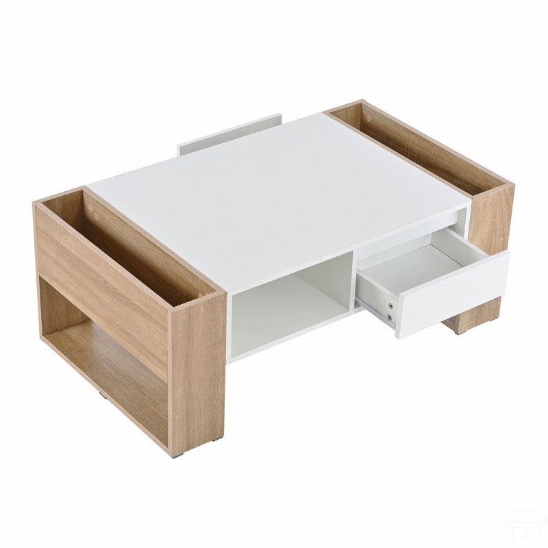 Table basse haute brillance avec 2 tiroirs, table centrale pratique à deux tons avec compartiments cachés, table de cocktail rectangulaire avec tablette de rangement ouverte