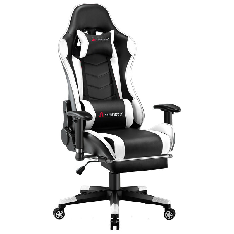 JL Comfurni Adjustable Reclining Ergonomic Faux Leather Swiveling PC & Racing Game Chair with Footrest, Black/White