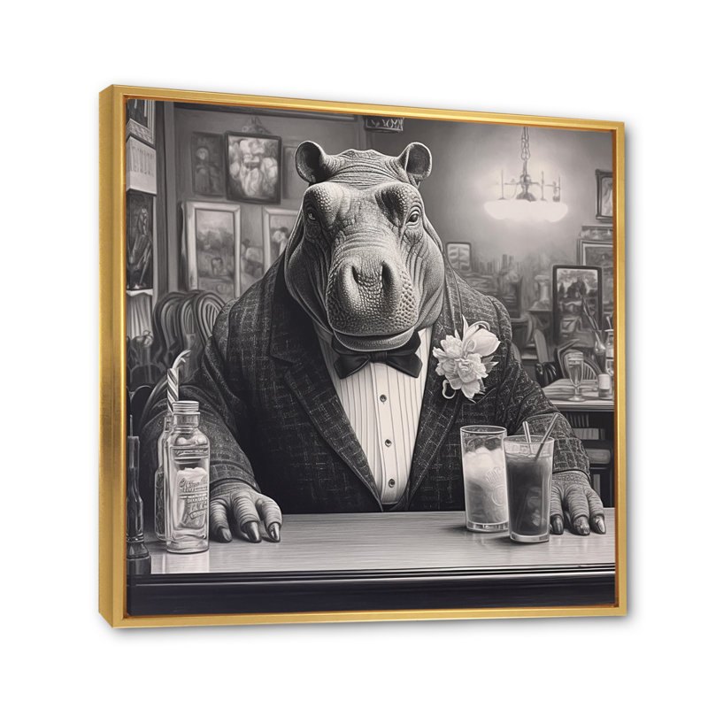«Rhino Have A Drink II» sur toile, H 16 po x l 16 po x P 1 po, Cadre flottant doré