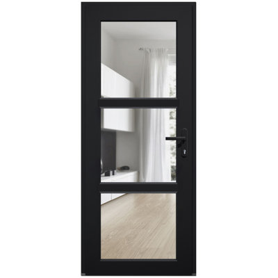Porte d'entrée extérieure prémontée en PVC-U métal-plastique avec vitrage transparent, Manux 8555, noir mat, vitrage transparent, pour bureaux, commerces et habitations, entrée, patio, garage - L 91,4 cm x H 203,2 cm - Ouverture à droite vers l'intérieur