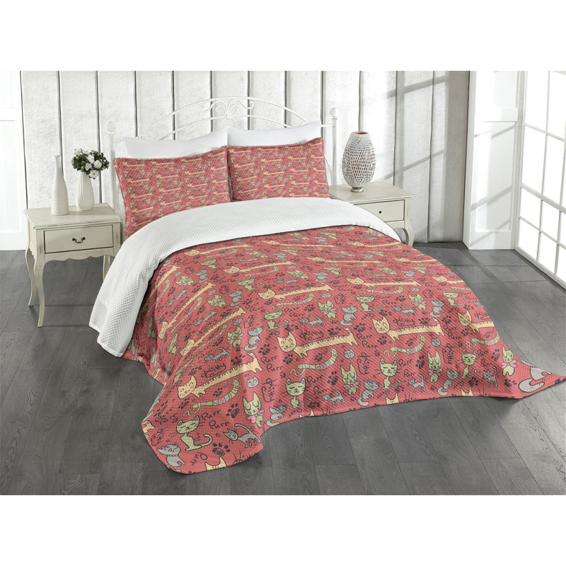 Ambesonne Cat Bedspread Set  Kitty Doodle Paws Bow Tie  Multicolor, King Coverlet / Bedspread + 2 Standard Shams
