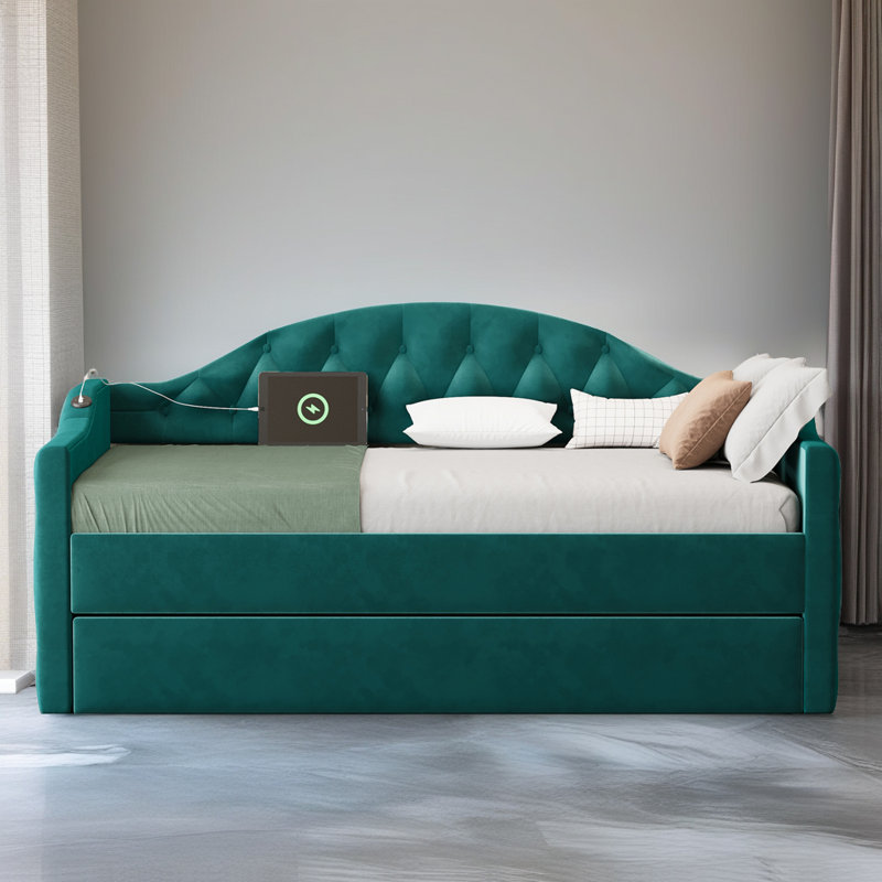 Lit de jour simple rembourré capitonné avec couchette, canapé-lit en velours avec ports USB et ports de charge de type C, aucun sommier nécessaire