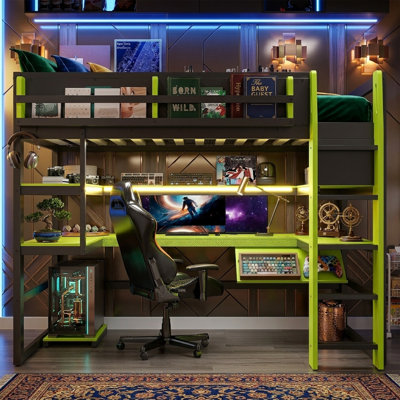  Lit mezzanine en bois de 78 po avec bureau de jeu et lumières à DEL RVB - Cadre double / double robuste avec ports USB et support de chevet