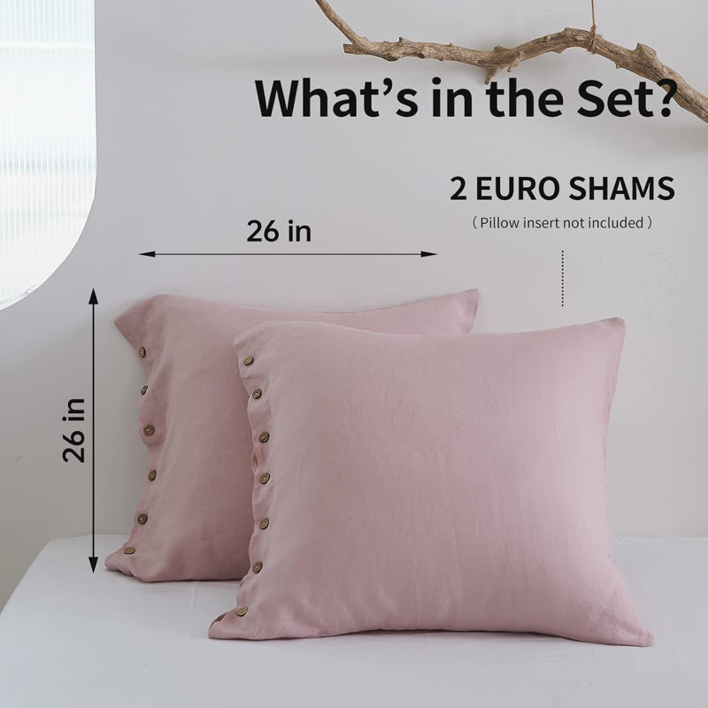 Housse de couvre-oreiller 100% lin lavé 100% euro, ensemble de 2 26 po x 26 po, Rosé