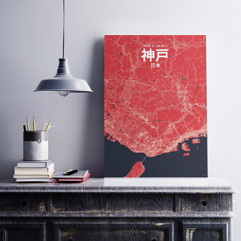 Kobe (japonais), impression de carte de la ville, Rouge / Bleu marine, H 27,6 po x l 19,7 po