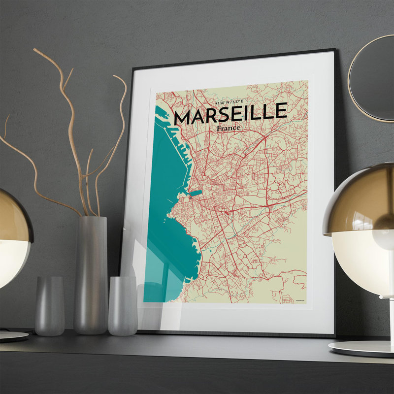 «Marseille City Map», impression, H 27,6 po x l 19,7 po, Vert / beige