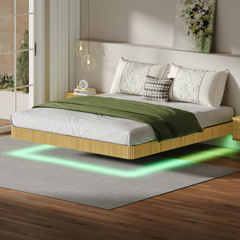 King Floating Bed Frame Of Oak Color, Wave Curve Wood Texture, Led Lighting, High - Strength Frame, No Box Spring, Managed Lights Size In Lighting System, Metal Structure, Remote Controlled
